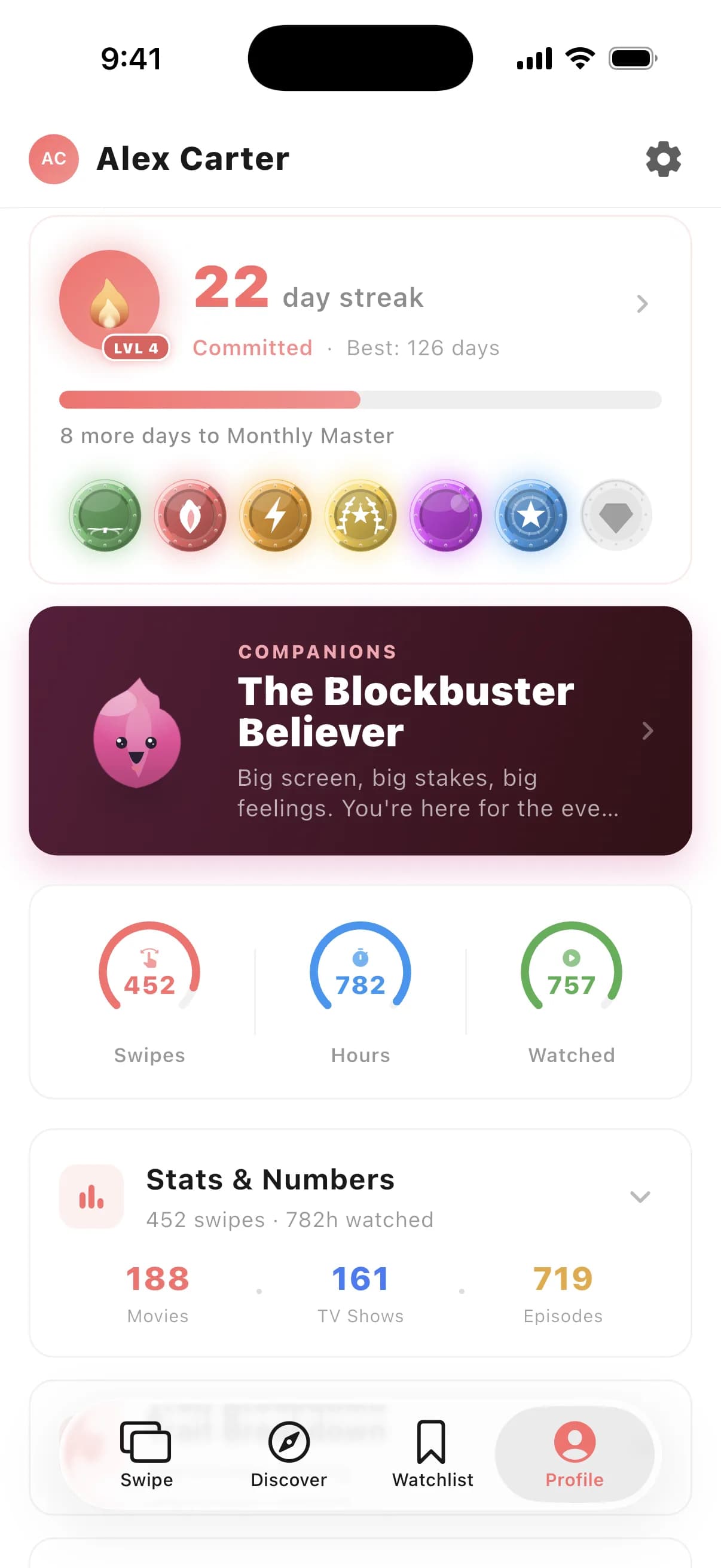 Streaming personality, streak progress, and viewing stats